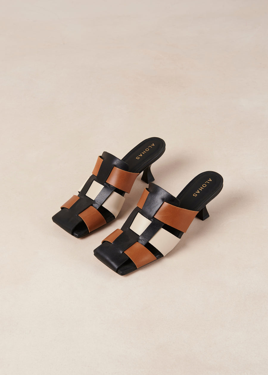 Shubie Scacchi Black Tan Cream Leather Sandals
