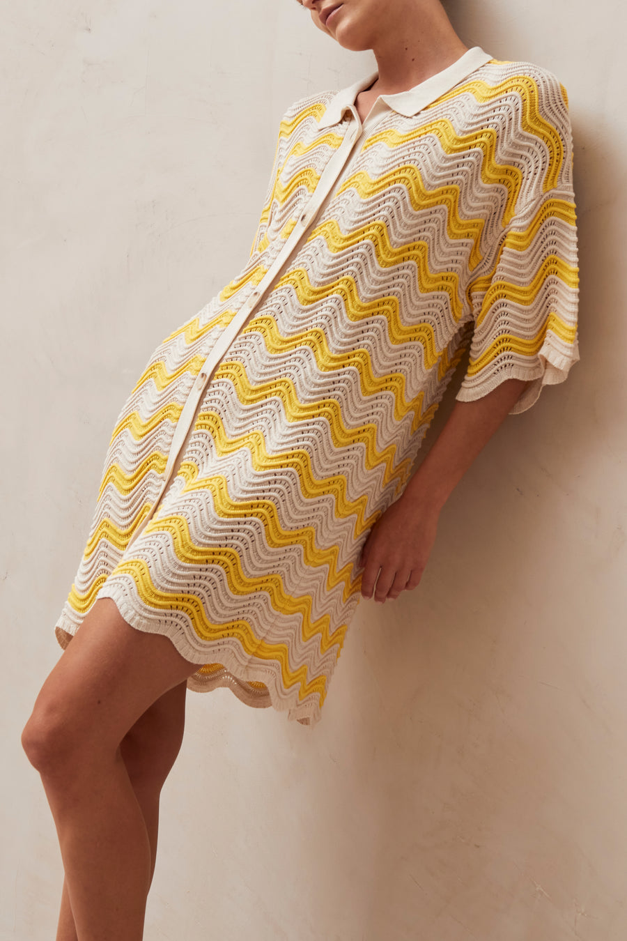 Palermo Ecru And Yellow Waves Tricot Mini Dress