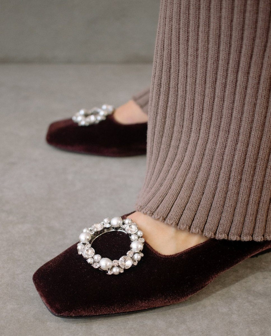 Bella Crystal Velvet Coffee Brown Ballet Flats ALOHAS
