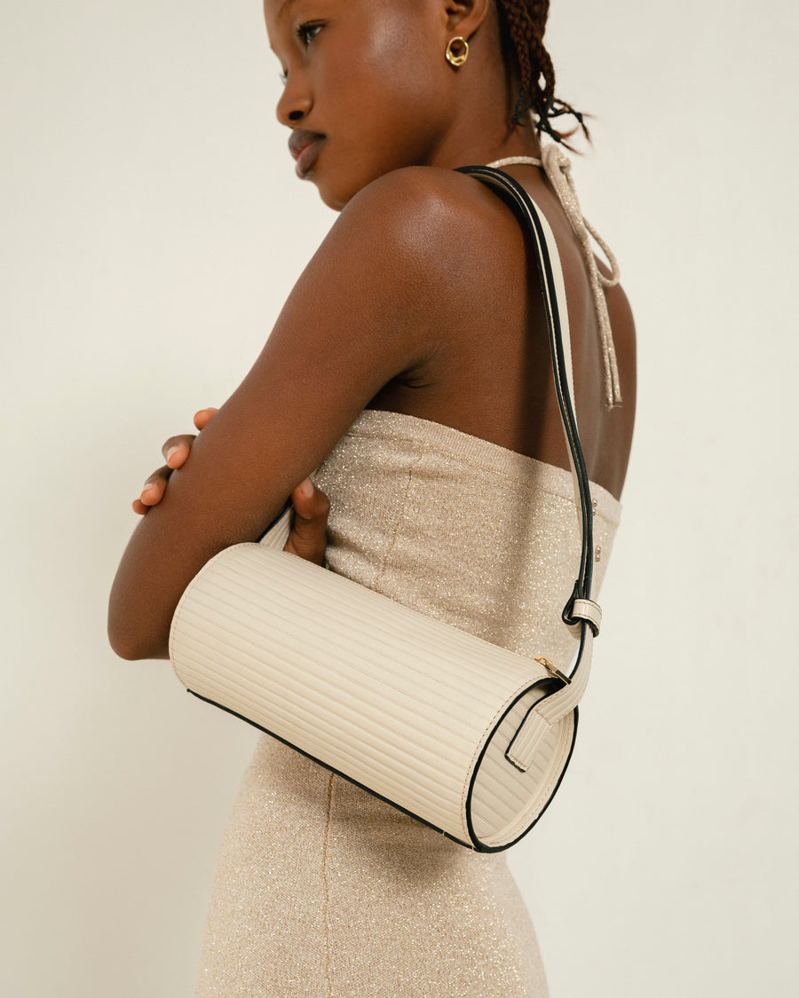 The I Pleated Cream Leather Shoulder Bag Handbags ALOHAS